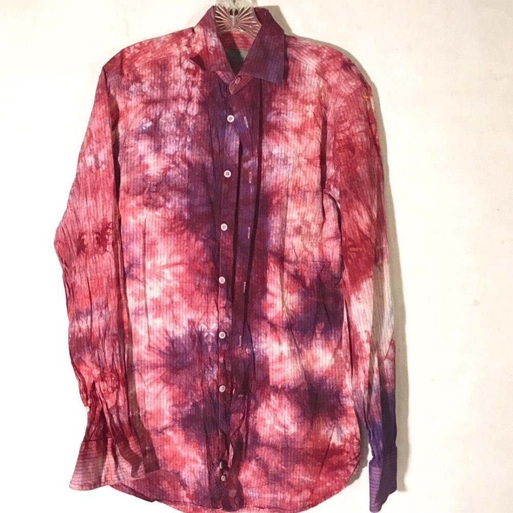 Canali Cotton Size 15 3/4 Neck Tie Dye Dress Shirt Red Purple Tied Dyed Medium
